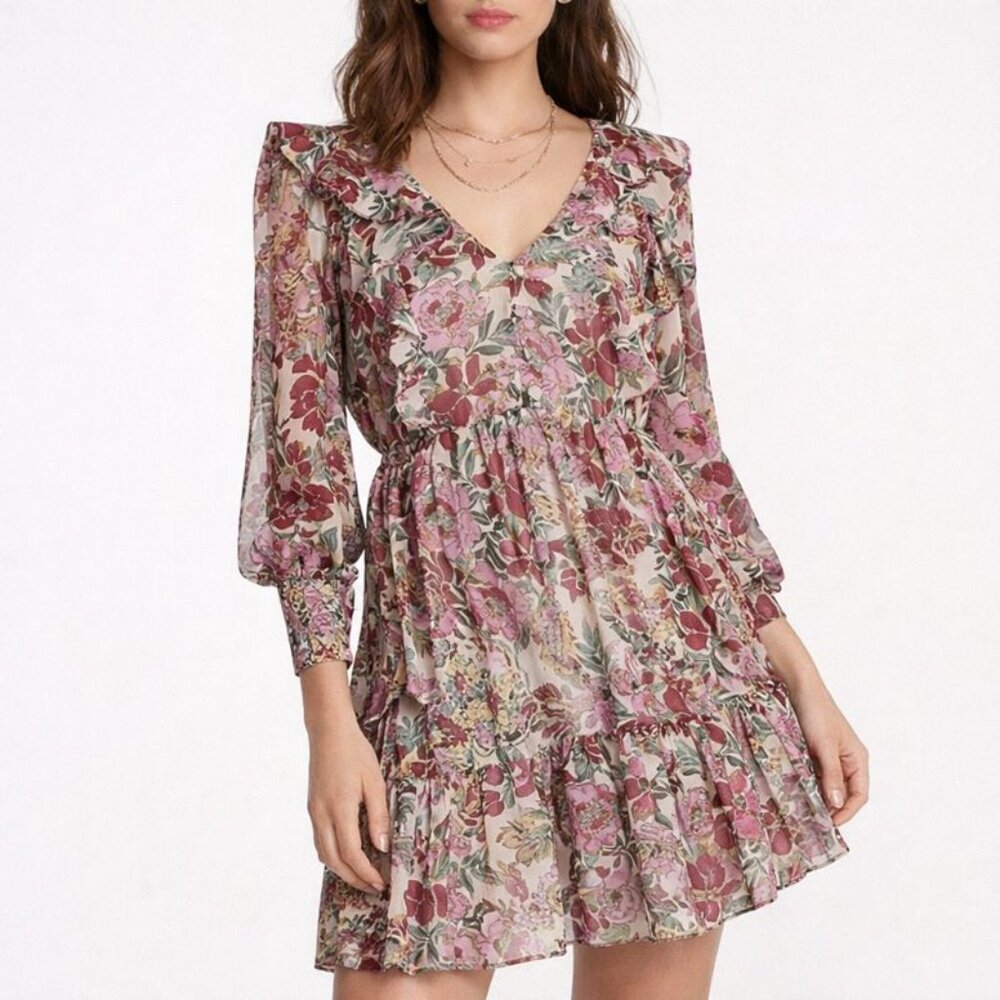 Topshop Floral Print Ruffle Mini Dress – Pink & Red – Size 8